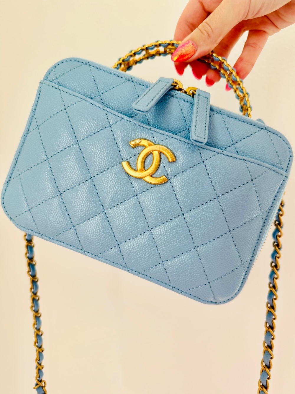 Chanel 22S 'Pick Me Up' Light Blue Caviar Quilted Small Vanity Shoulder Bag
